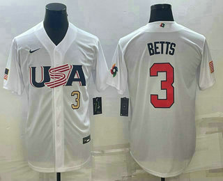 Men%27s USA Baseball #3 Mookie Betts Number 2023 White World Baseball Classic Replica Stitched Jersey